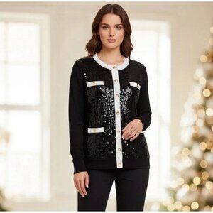 Talbots XL Black Sequin Embellished Jacket Sweater Pockets Lamb Wool Top
